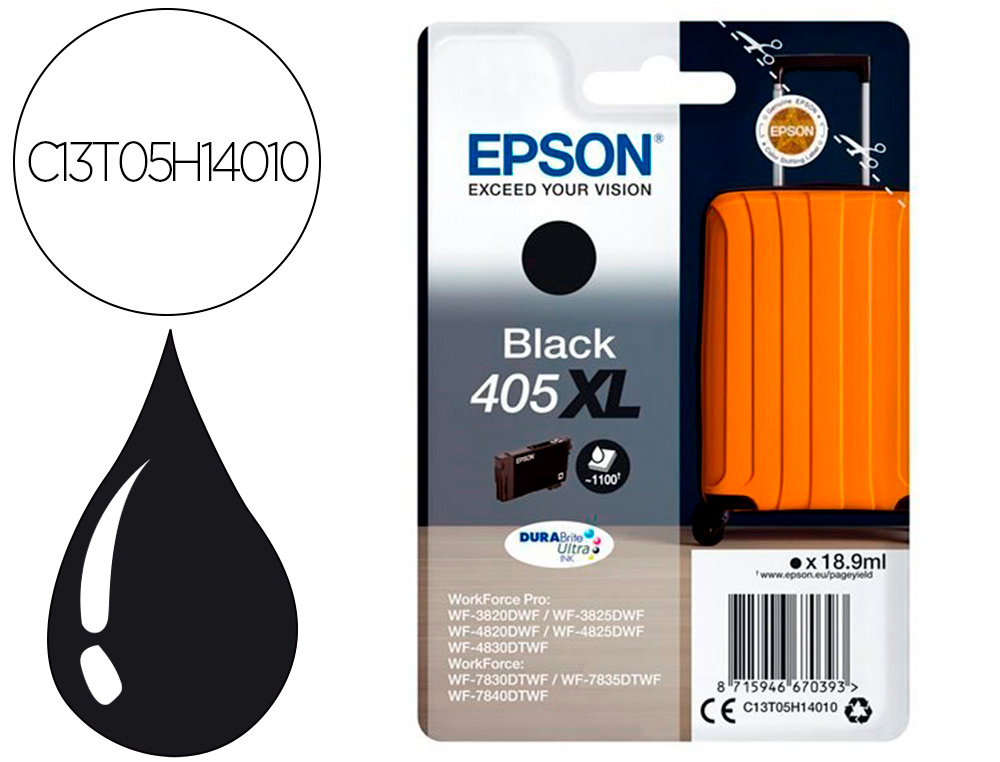 EPSON - Cartucho de inyección de tinta 405 XL wf-3820dwf / wf-4820dwf / wf-7830dtwf / wf-7840dtwf alta capacidad negro (Ref. C13T05H14010)
