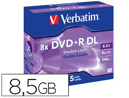 VERBATIM - Dvd+r doble capa capacidad 8.5gb velocidad 8x 240 min pack de 5 unidades (Ref. 43541) (Canon L.P.I. 1,05€ Incluido)