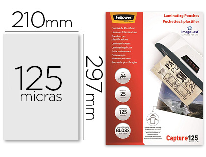 FELLOWES - Bolsa de plastificar brillo din A4 125 micras pack de 25 unidades (Ref. 5396301)