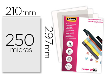 FELLOWES - Bolsa de plastificar brillo din A4 250 micras pack de 100 unidades (Ref. 5401802)
