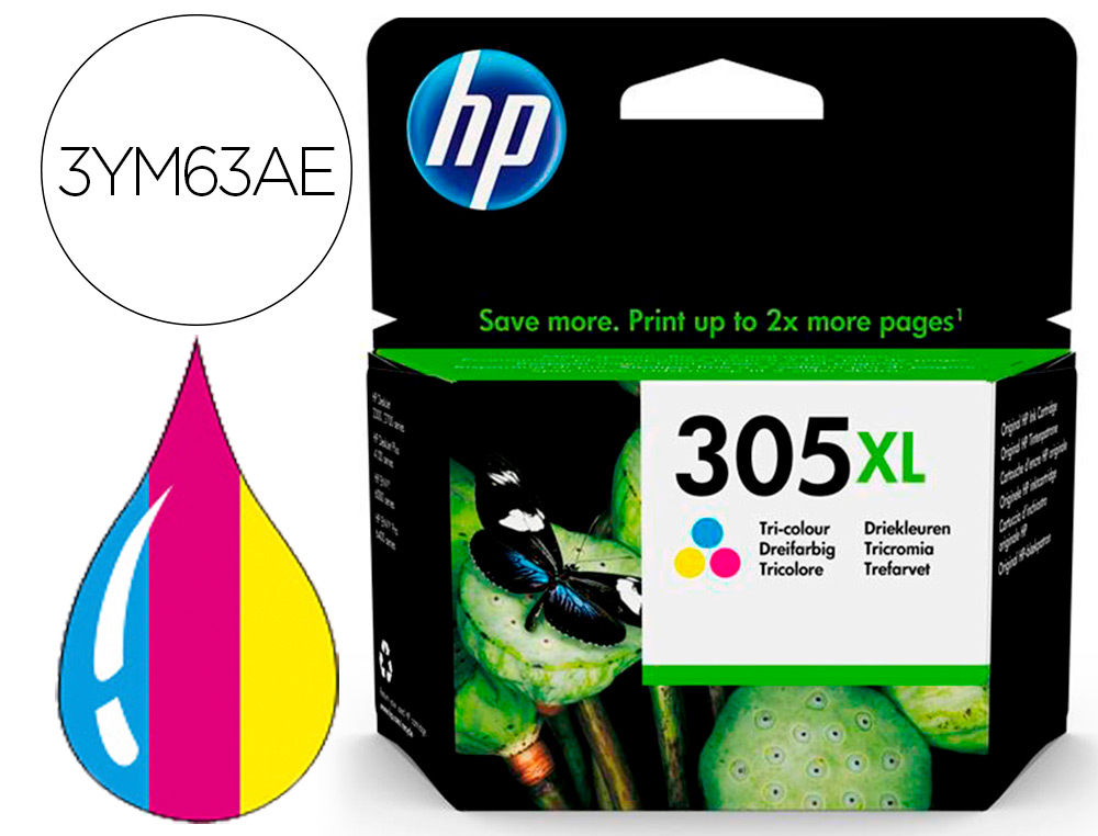 HP ( HEWLETT PACKARD ) - Ink-jet 305xl deskjet 1210 / 1212 / 1255 / 2732 / 2752 / 4155 / 4158 envy 6020 / 6052 /6055 / 6420 tricolor 200 (Ref. 3YM63AE)