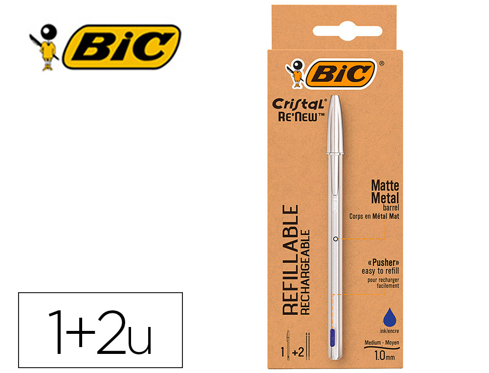 BIC - Boligrafo cristal renew tinta azul con cuerpo en aluminio mate mas 2 recambios en caja carton (Ref. 997202)