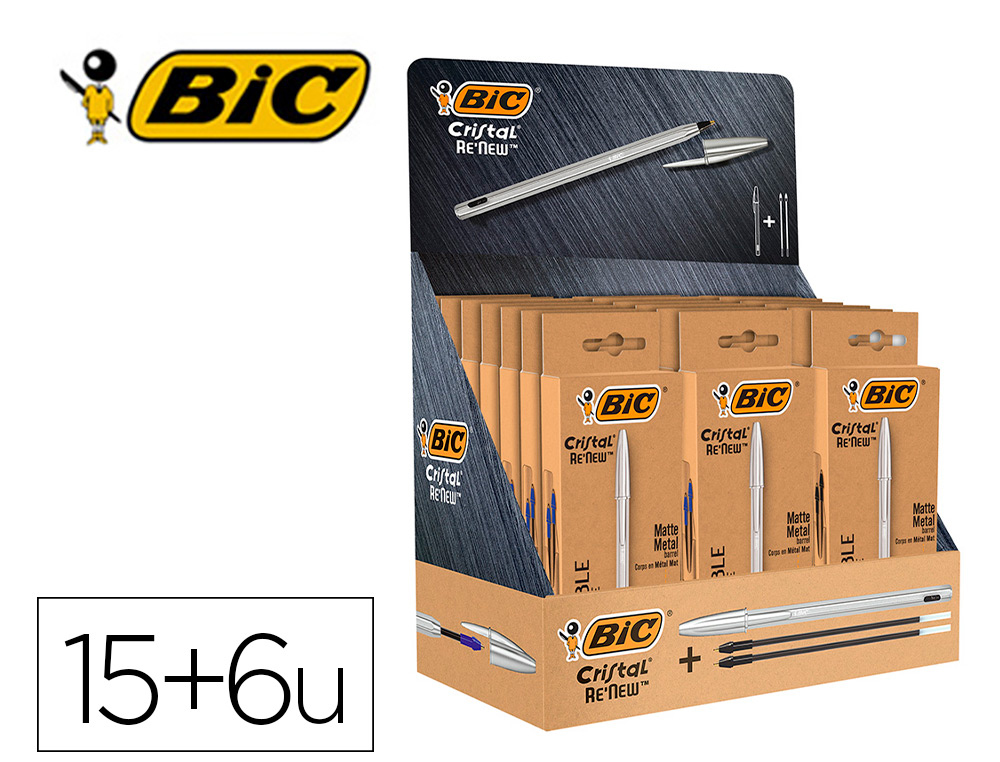 BIC - Boligrafo cristal renew 21 expositor 15 unidades azul + 6 negro regalo 50 cristal azul (Ref. 501036)