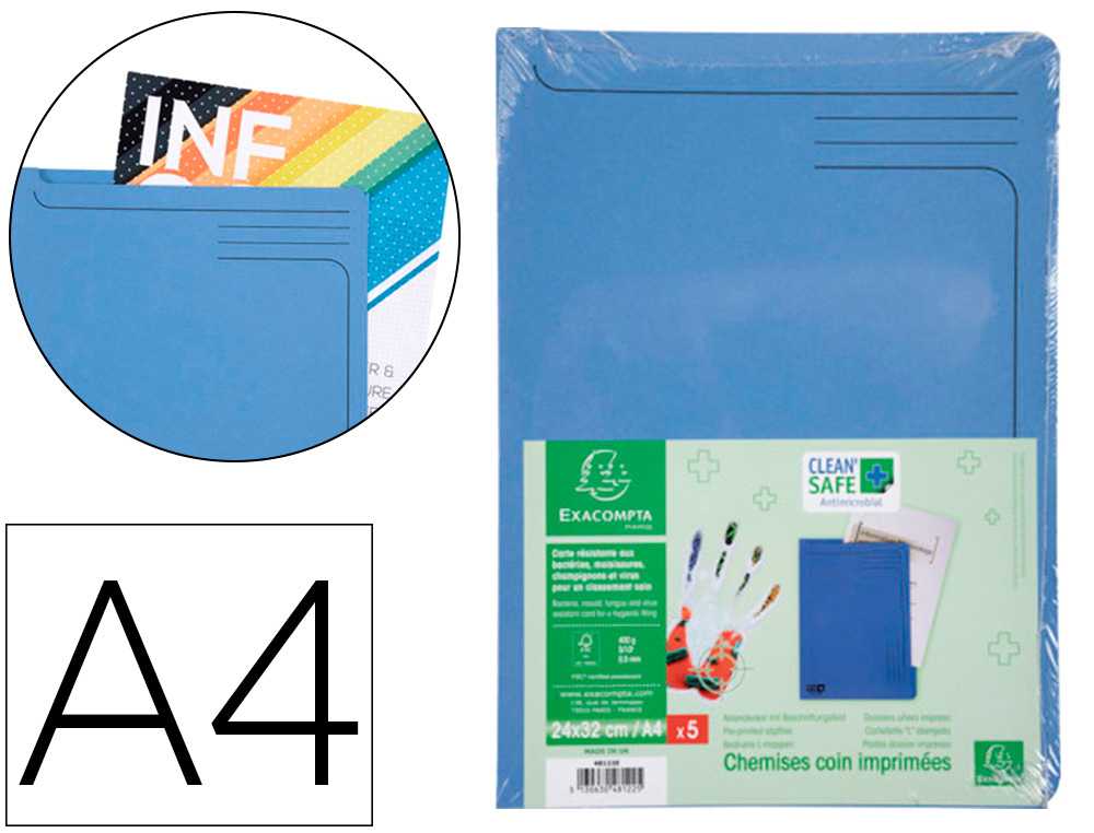 EXACOMPTA - Carpeta dossier uñero clean safe cartulina 400 gr din A4 azul paquete de 5 unidades (Ref. 48122E)