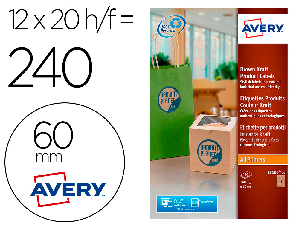 AVERY - Etiqueta adhesiva kraft efecto carton redonda removible para impresora laser inyeccion tinta (Ref. L7106-20)