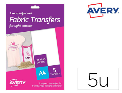 AVERY - Papel transfer para camisetas algodon color blanco ink-jet din A4 pack de 5 hojas (Ref. MD1001)