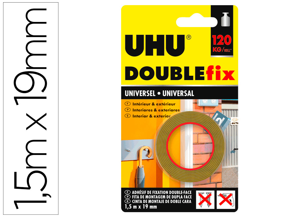 UHU - Cinta adhesiva doublefix marron doble cara extra fuerte 1,5 mt x 19 mm (Ref. 36497)