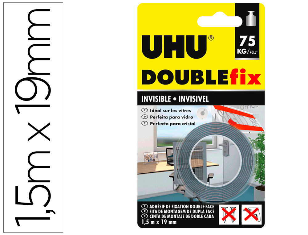 UHU - Cinta adhesiva doublefix invisible doble cara extra fuerte 1,5 mt x 19 mm (Ref. 44868)