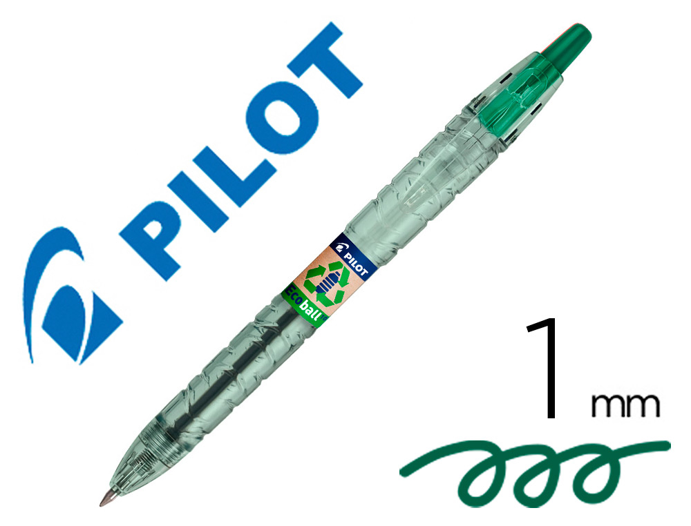 PILOT - Boligrafo ecoball plastico reciclado tinta aceite punta de bola 1 mm color verde (Ref.BP-B2PEB-M-G-BG / NEBV)