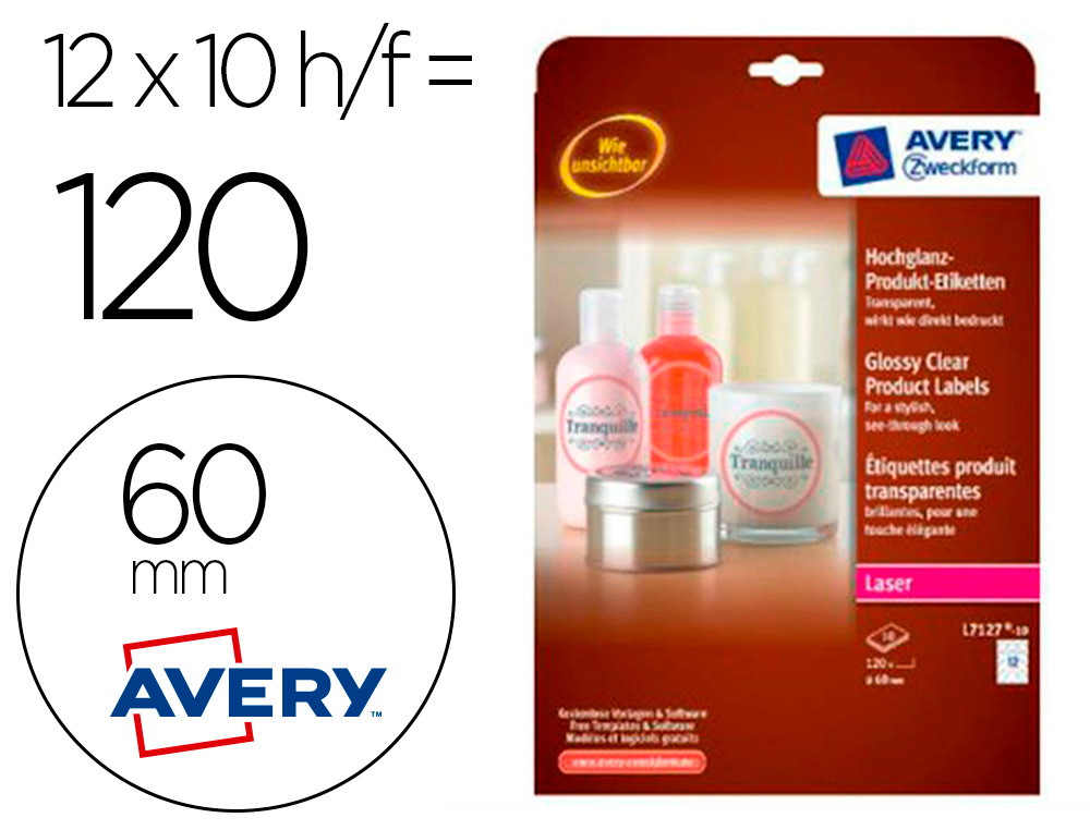 AVERY - Etiqueta adhesiva brillante invisible redonda para impresora laser 60 mm caja de 120 (Ref. L7127-10)
