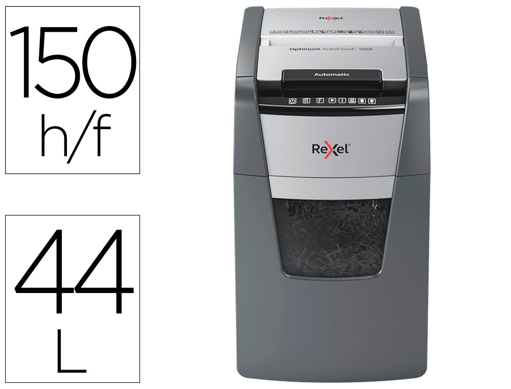 REXEL - Destructora Automática Optimum AutoFeed+ 150X - P4 Partículas 4x28mm - Hasta 150h - Depósito 44l (Ref. 2020150XEU)