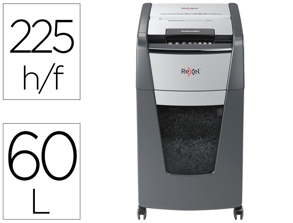 REXEL - Destructora AUTOMATICA de documentos OPTIMUN AUTOFEED+ 225X - 10h/225h - Nivel Seguridad P4 - Partículas de 4x25mm - DEPOSITO 60L (Ref. 2020225XEU)