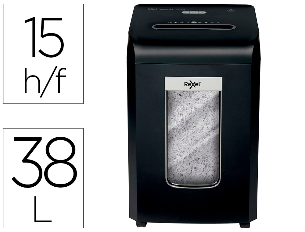 REXEL - Destructora de documentos promax qs rsx1538 capacidad 15 hojas particulas destruye grapas clips y (Ref. 2104587EU)