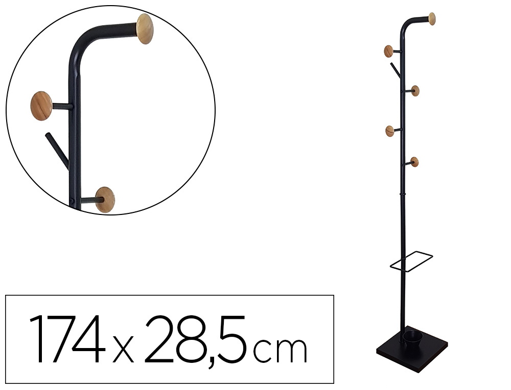 Q-CONNECT - Perchero metalico negro con detalles de madera 6 colgadores y paraguero 174x28,5 cm (Ref. KF17288)
