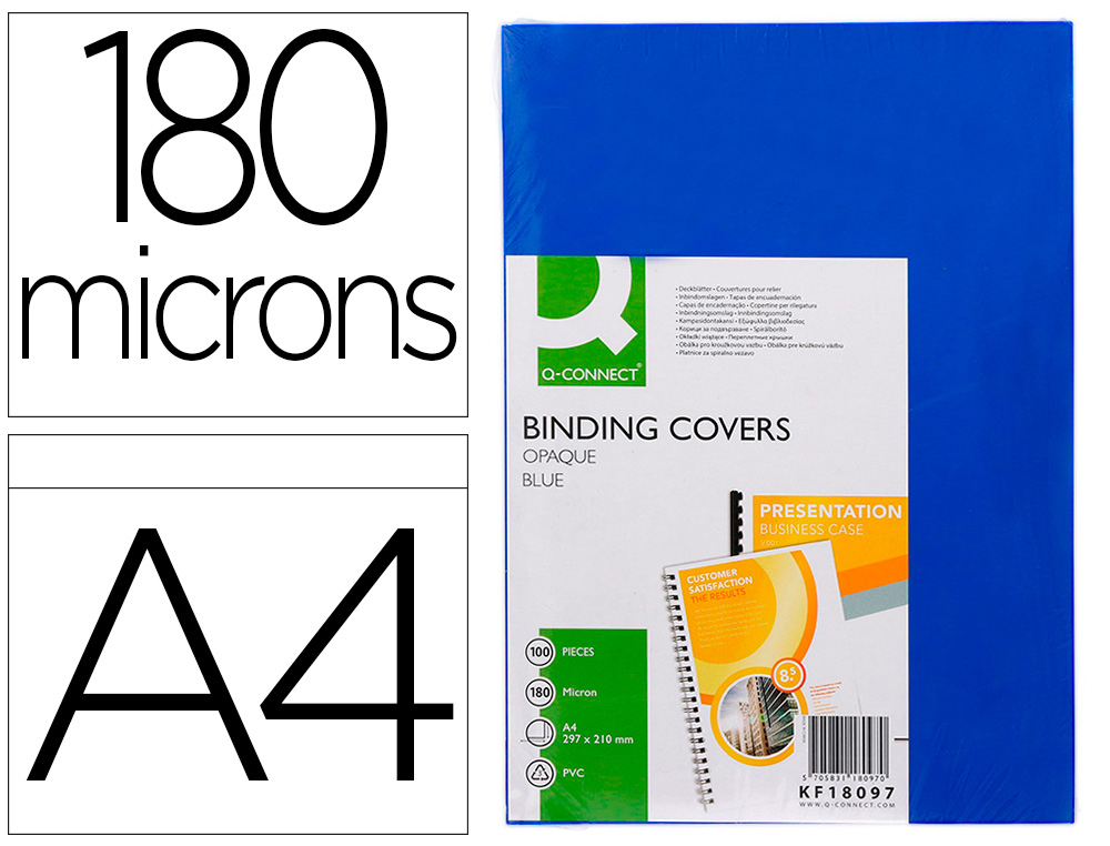 Q-CONNECT - Tapa de encuadernacion pvc din A4 opaca azul 180 micras caja de 100 unidades (Ref. KF18097)