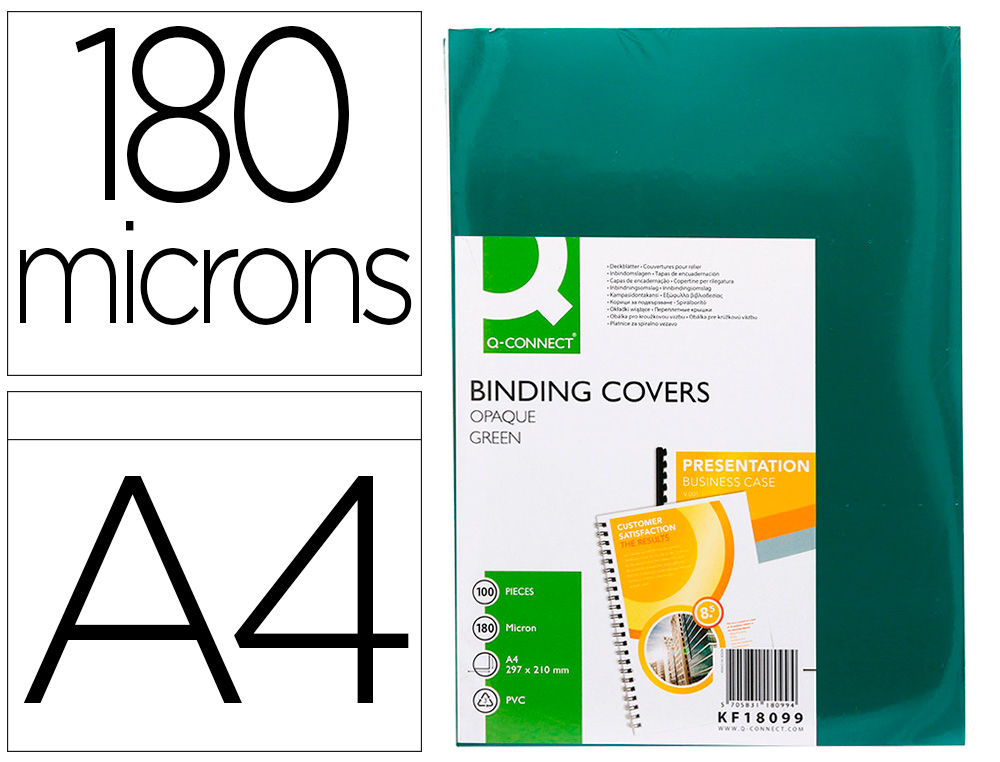 Q-CONNECT - Tapa de encuadernacion pvc din A4 opaca verde 180 micras caja de 100 unidades (Ref. KF18099)
