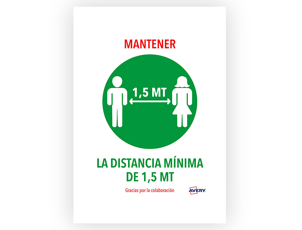 AVERY - Señal adhesiva mantener distancia minina de 1,5 mt din A4 resistente a los rayos uv pack de 2 unidades (Ref. AV_KITCOVID4_ES)