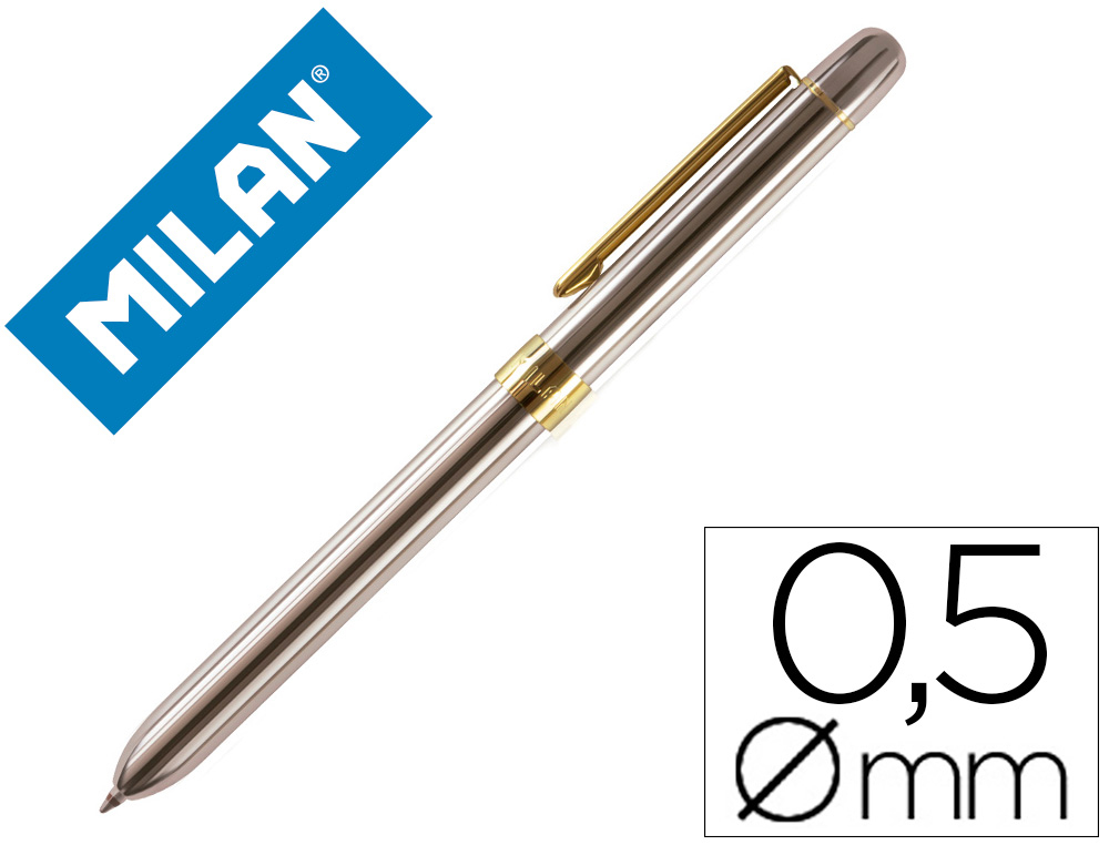MILAN - Boligrafo multifuncion cromado adornos dorados azul/rojo/portaminas 0,5 mm/ goma de borrar en caja metal (Ref. 1772601)