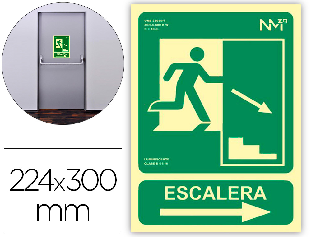 ARCHIVO 2000 - Pictograma salida emergencia escalera baja derecha pvc verde luminiscente 224x300 mm (Ref. 6170-12H VE)
