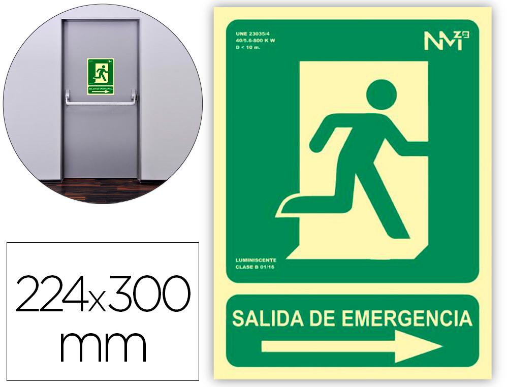 ARCHIVO 2000 - Pictograma salida de emergencia derecha pvc verde luminiscente 224x300 mm (Ref. 6170-04H VE)