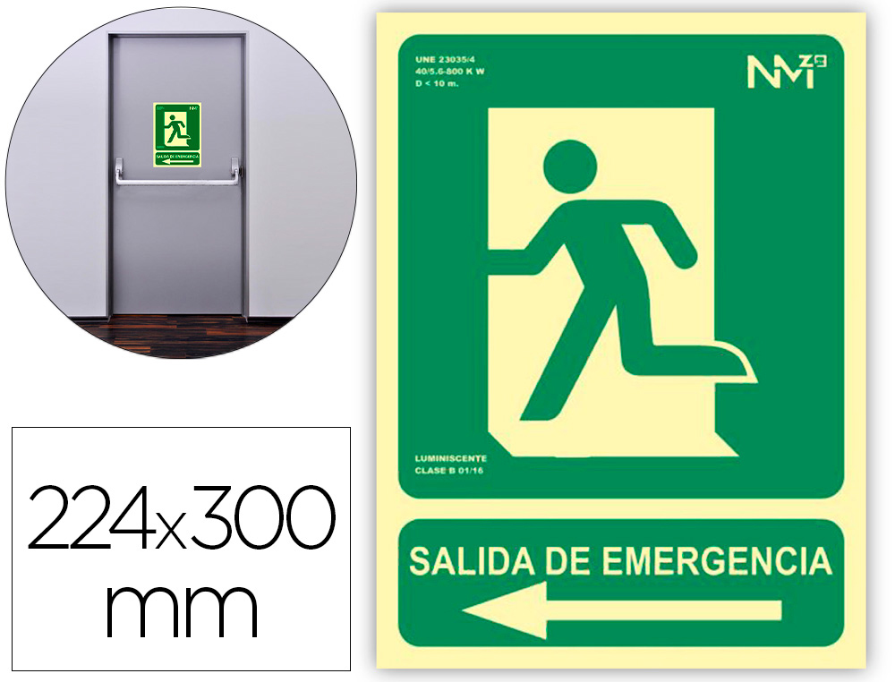 ARCHIVO 2000 - Pictograma salida de emergencia izquierda pvc verde luminiscente 224x300 mm (Ref. 6170-03H VE)
