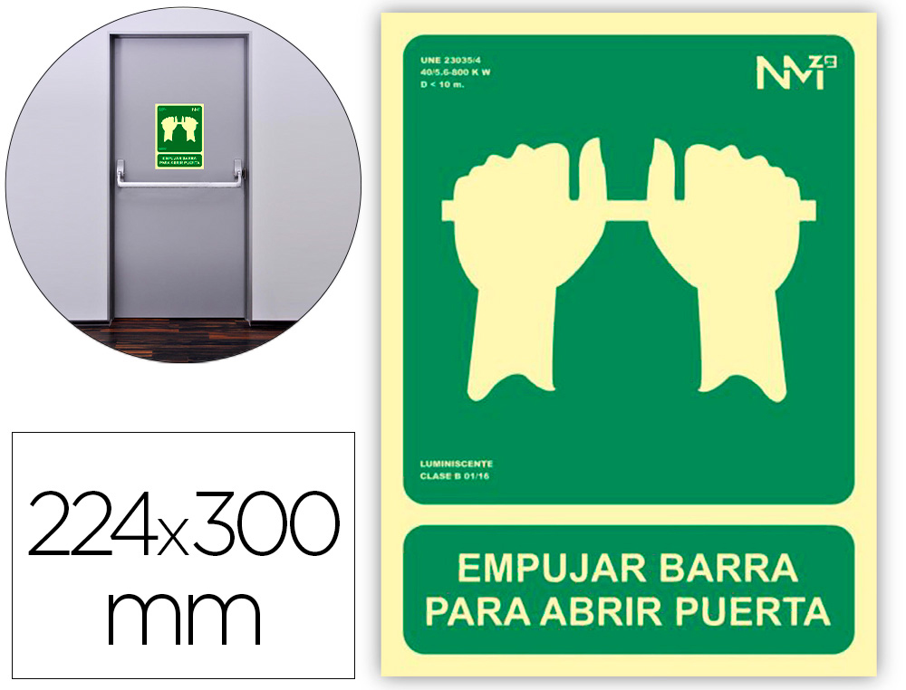 ARCHIVO 2000 - Pictograma empujar barra para abrir puerta pvc verde luminiscente 224x300 mm (Ref. 6170-01H VE)