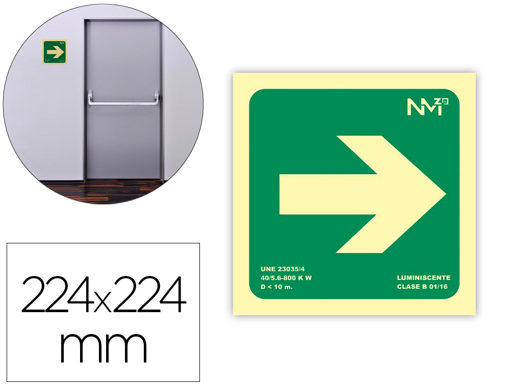 ARCHIVO 2000 - Pictograma flecha derecha pvc verde luminiscente 224x224 mm (Ref. 6170-10HD VE)