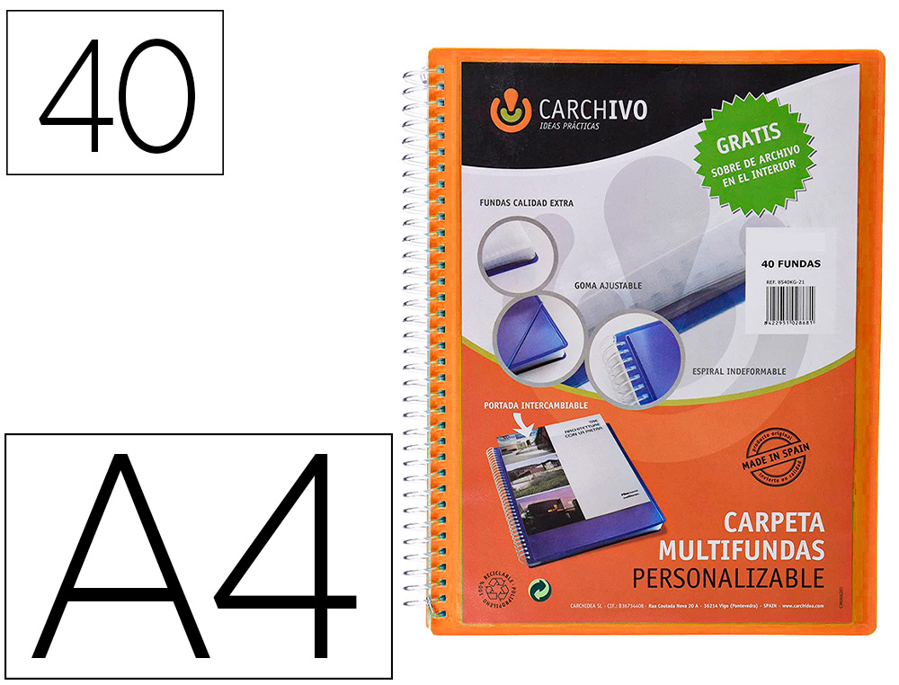 CARCHIVO - Carpeta archivex polipropileno canguro escaparate con espiral 40 fundas cierre gomas din a4 (Ref. 53044052)