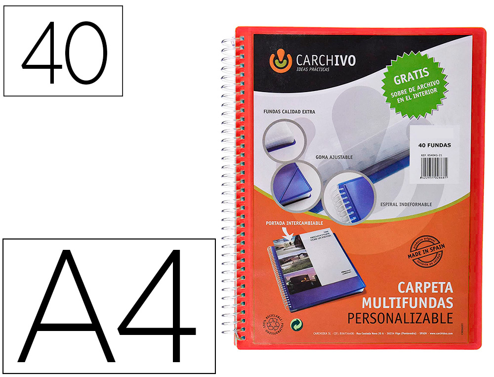 CARCHIVO - Carpeta archivex polipropileno canguro escaparate con espiral 40 fundas cierre gomasdin a4 (Ref. 53044053)