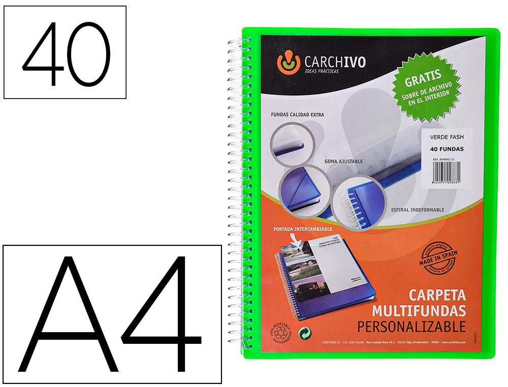 CARCHIVO - Carpeta archivex polipropileno canguro escaparate con espiral 40 fundas cierre gomas din a4 (Ref. 53044054)