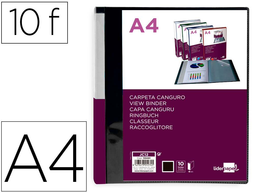 LIDERPAPEL - Carpeta 10 fundas canguro pp din A4 negro opaco portada y lomo personalizable (Ref. JC12)
