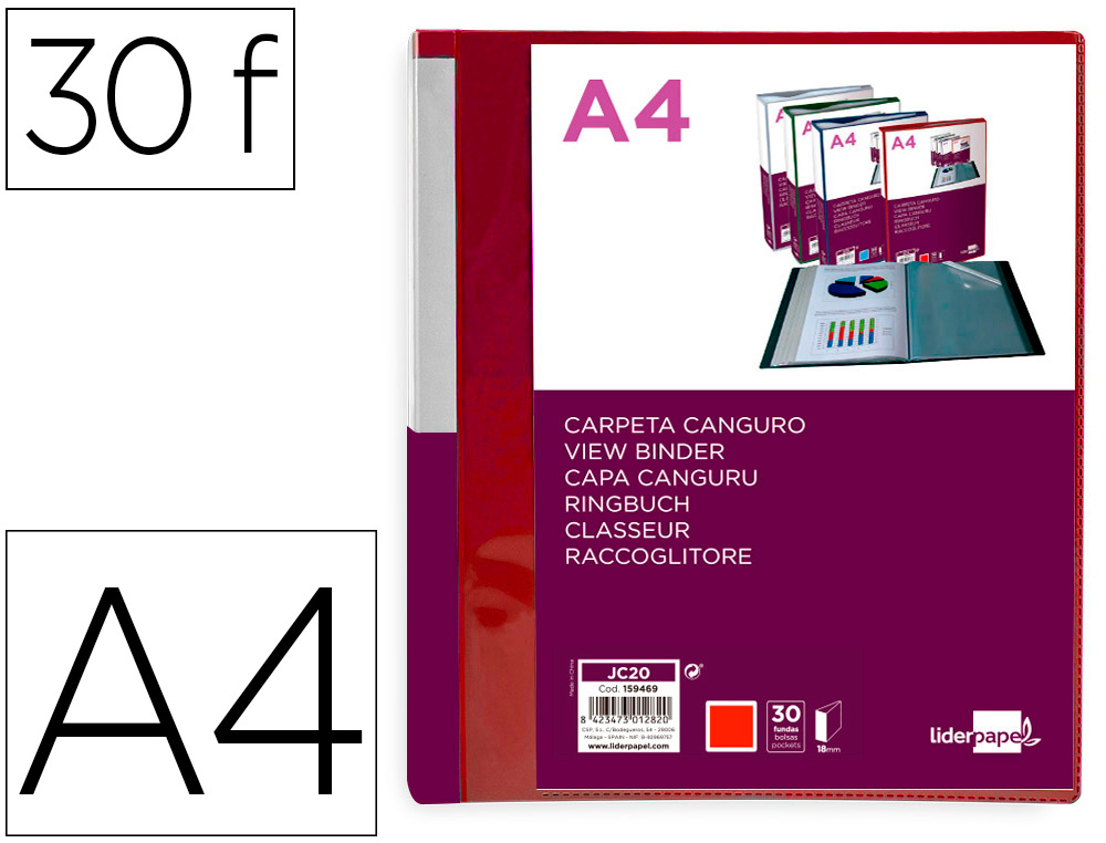 LIDERPAPEL - Carpeta 30 fundas canguro pp din A4 rojo translucido portada y lomo personalizable (Ref. JC20)