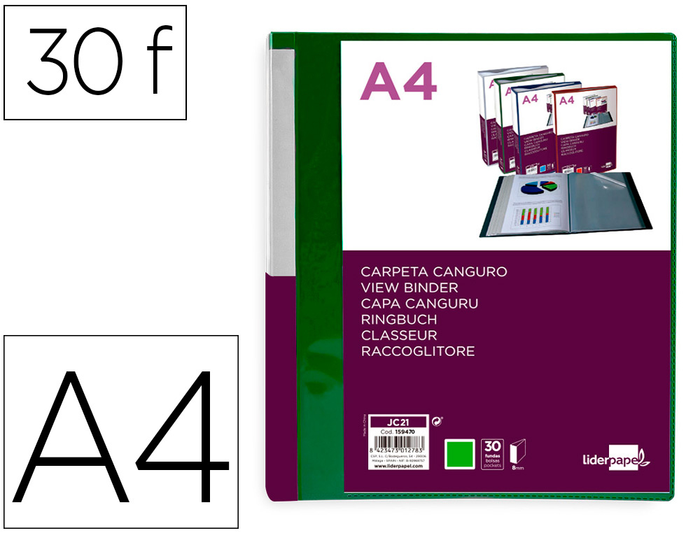 LIDERPAPEL - Carpeta 30 fundas canguro pp din A4 verde translucido portada y lomo personalizable (Ref. JC21)
