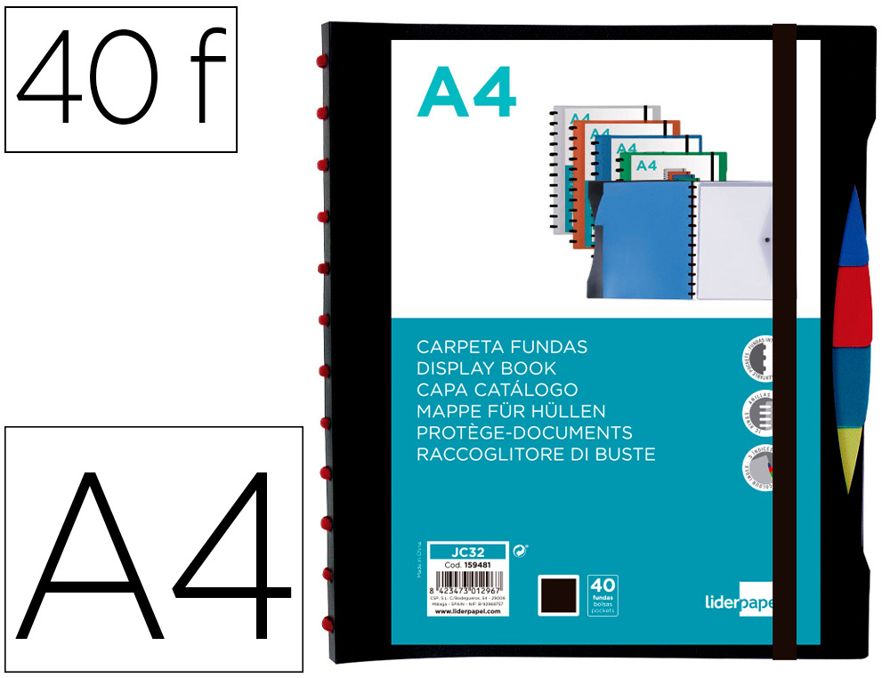 LIDERPAPEL - Carpeta A4 con 40 fundas intercambiables 5 sep sobre y gomilla portada y lomo personalizable negro (Ref. JC32)