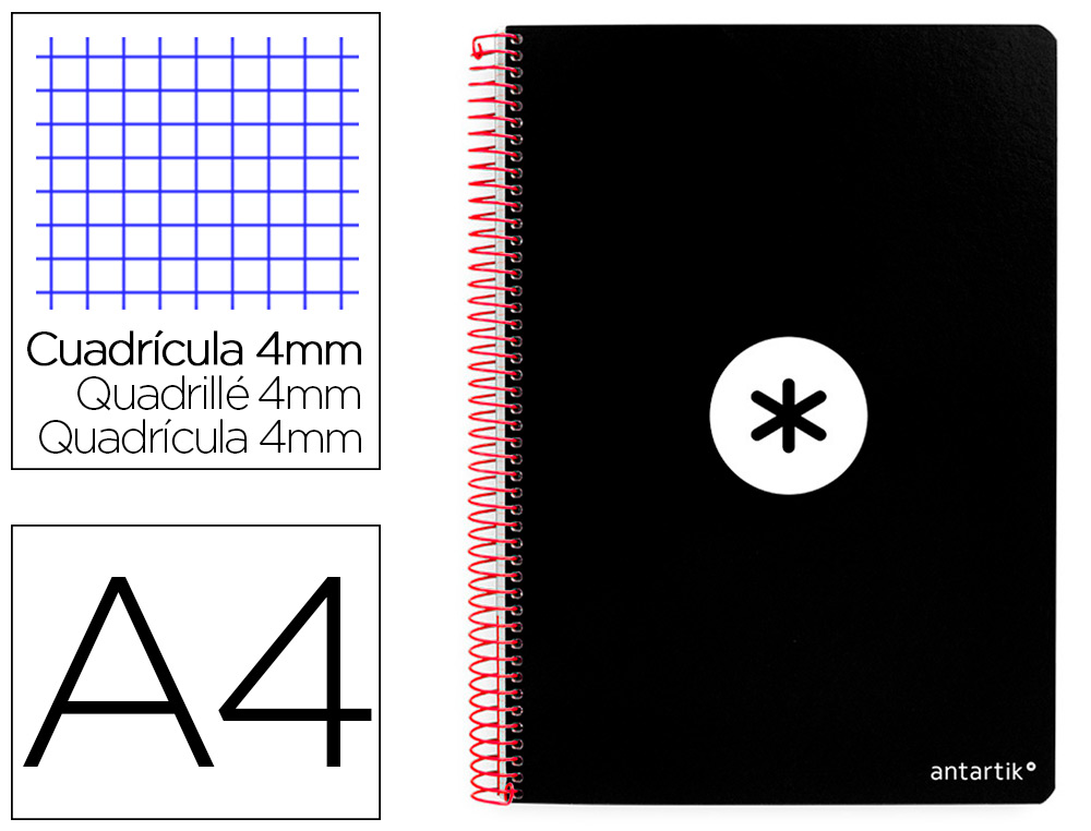 ANTARTIK - Cuaderno espiral liderpapel A4 tapa dura 80h 100gr cuadro 4mm con margen color negro (Ref. KB13)