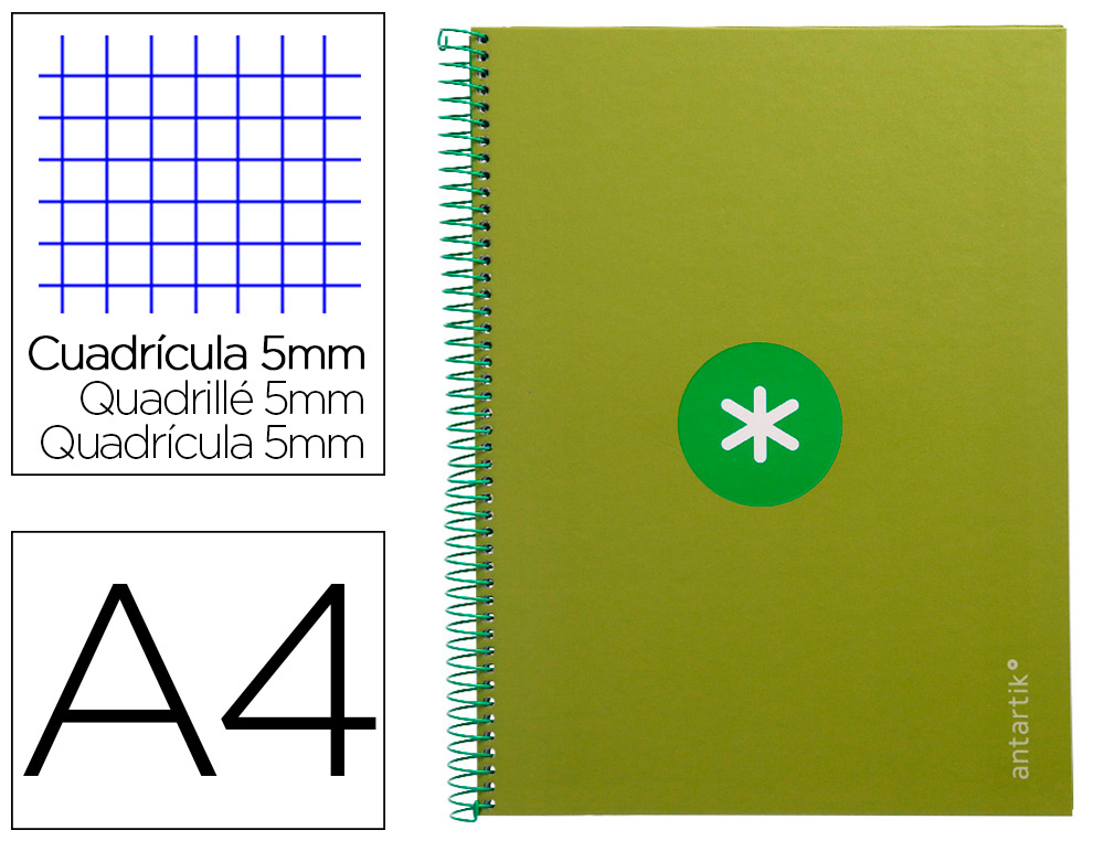 ANTARTIK - Cuaderno espiral liderpapel A4 micro tapa forrada 80h 90 gr cuadro 5mm 1 banda 4 taladros verde (Ref. KB22)