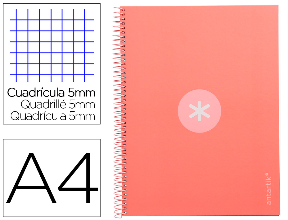 ANTARTIK - Cuaderno espiral liderpapel A4 micro tapa forrada 80h 90 gr cuadro 5mm 1 banda 4 taladros rosa claro (Ref. KB24)