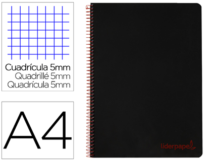 LIDERPAPEL - Cuaderno espiral A4 micro wonder tapa plastico 120h 90 gr cuadro 5 mm 5 bandas 4 taladros color negro (Ref. BA85)