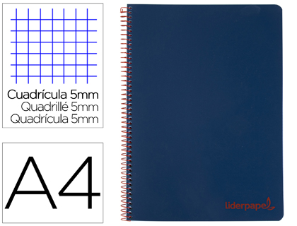 LIDERPAPEL - Cuaderno espiral A4 micro wonder tapa plastico 120h 90 gr cuadro 5 mm 5 bandA4 taladros color azul marino (Ref. BA86)