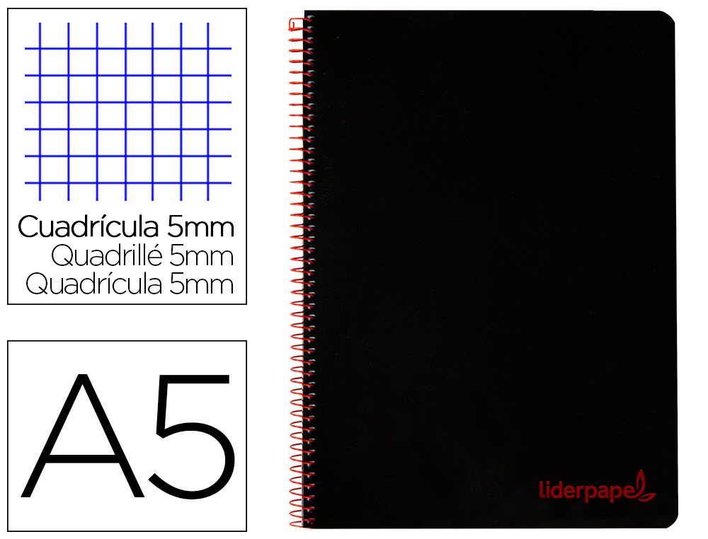LIDERPAPEL - Cuaderno espiral a5 micro wonder tapa plastico 120h 90g cuadro 5mm 5 bandas 6 taladros color negro (Ref. BJ67)