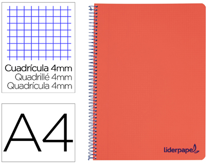 LIDERPAPEL - Cuaderno espiral A4 wonder tapa plastico 80h 90gr cuadro 4mm con margen color rojo (Ref. TH65)