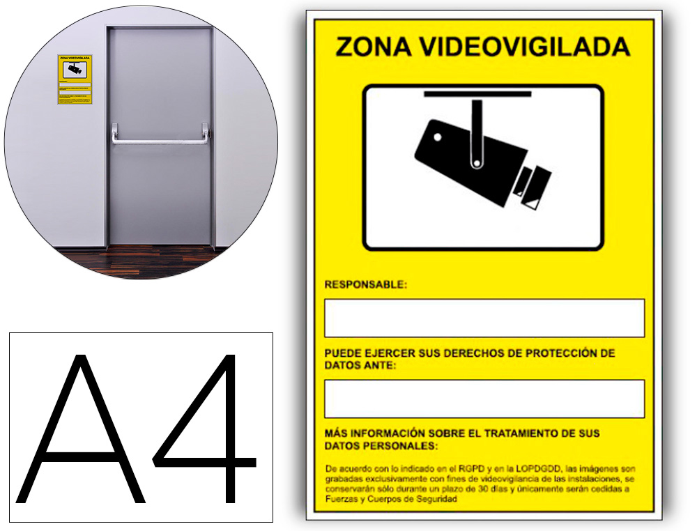 ARCHIVO 2000 - Pictograma camaras de vigilancia en grabacion las 24 horas pvc amarillo luminiscente 210x297 (Ref. 6172-09 AM)