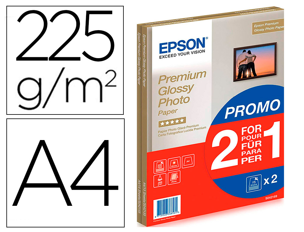 EPSON - Papel fotografico premiun glossy photo satinado din A4 promo 2 x 15 hojas 225 gr (Ref. C13S042169)