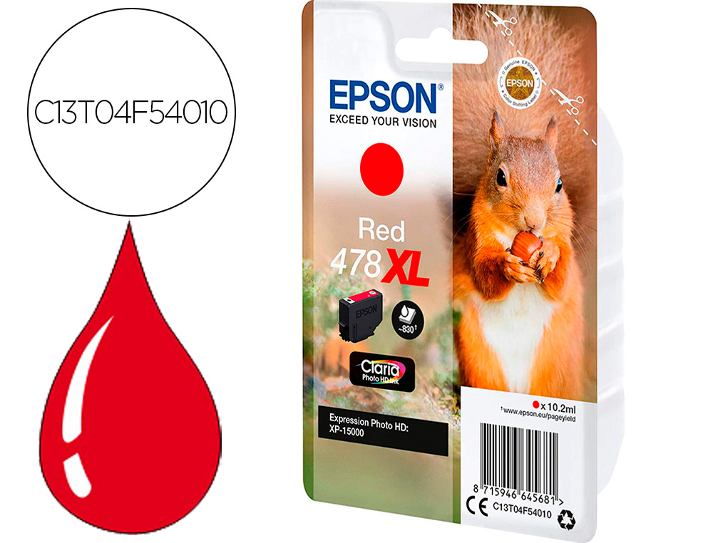 EPSON - Ink-jet singlepack rojo 478xl claria photo hd ink ardilla (Ref. C13T04F54010)