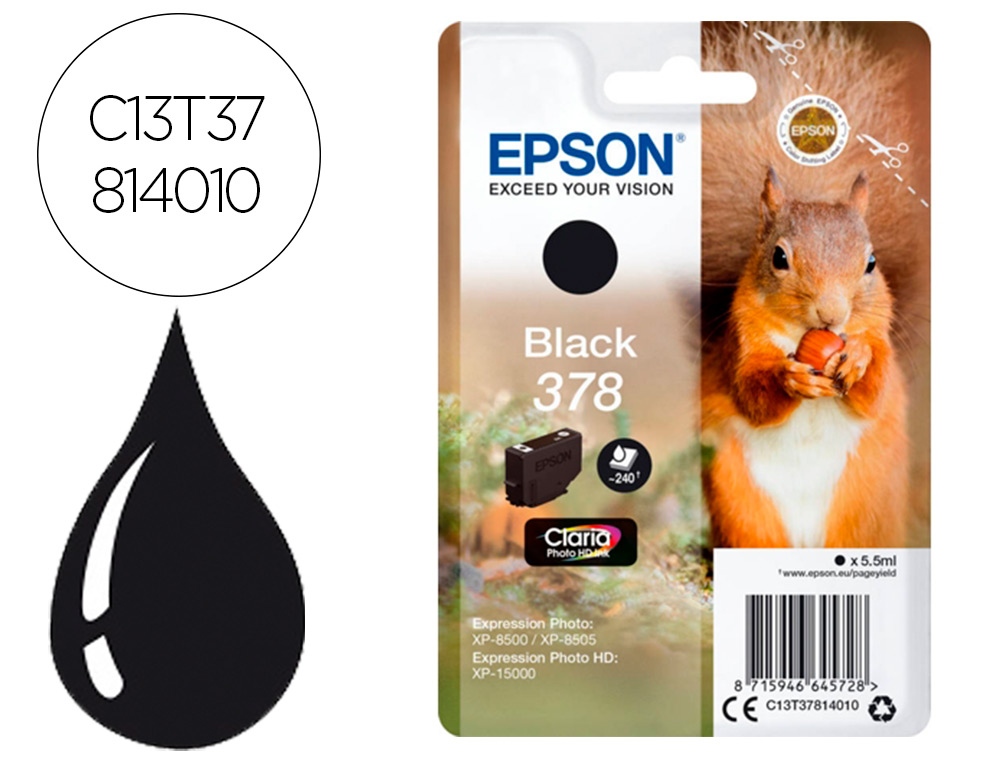 EPSON - Ink-jet 378 expression home xp-8605 / 8606 / xp-15000 / xp-8500 / 8505 negro 240 pag (Ref. C13T37814010)