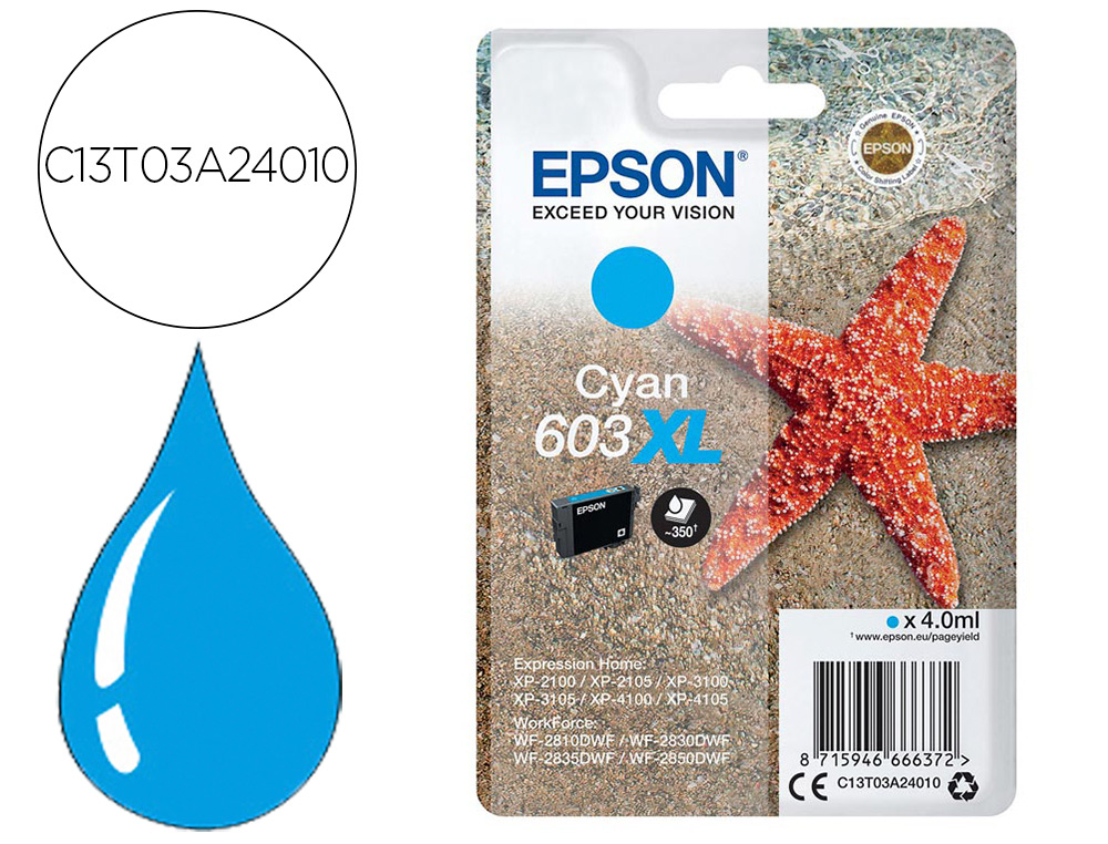 EPSON - Ink-jet 603xl xp-2100 / 2105 / 3100 / 4100 / wf-2810 / 2830 / 2835 / 2850 cian 350 paginas (Ref. C13T03A24010)