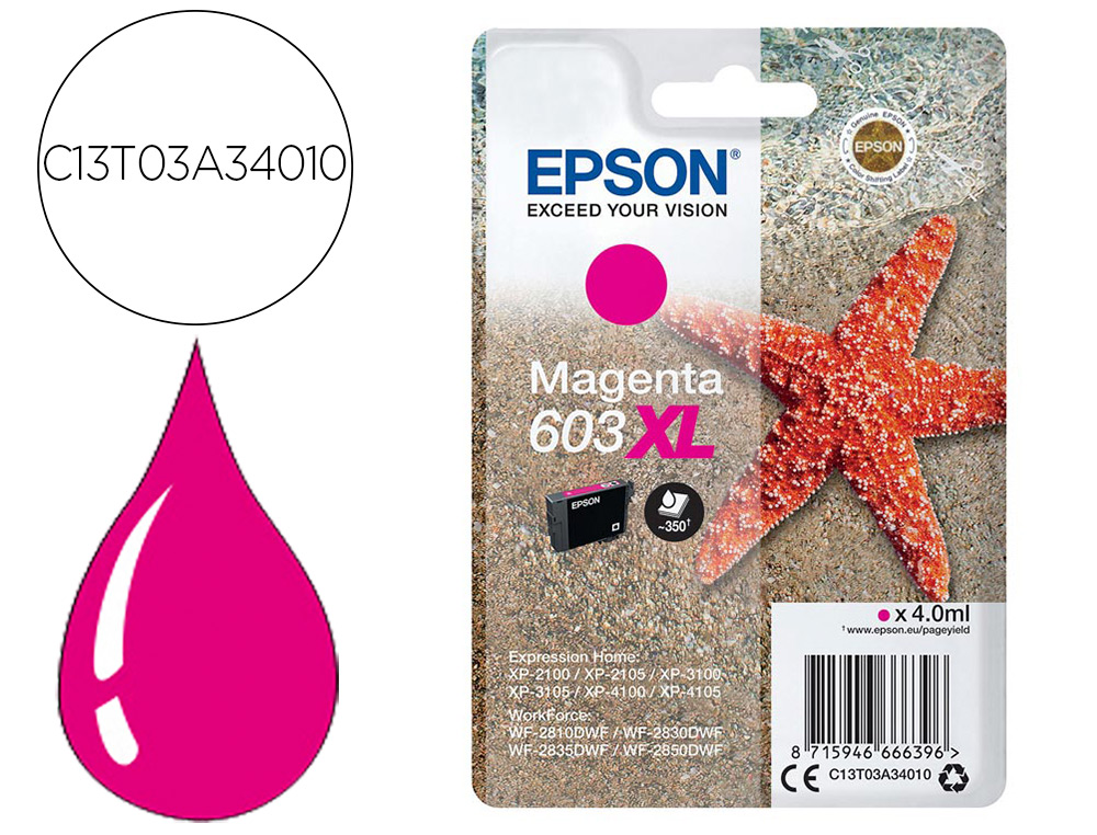 EPSON - Ink-jet 603xl xp-2100 / 2105 / 3100 / 4100 / wf-2810 / 2830 / 2835 / 2850 magenta 350 paginas (Ref. C13T03A34010)