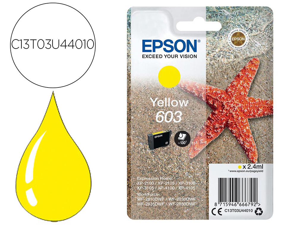 EPSON - Ink-jet 603 xp-2100 / 2105 / 3100 / 4100 / wf-2810 / 2830 / 2835 / 2850 amarillo 130 paginas (Ref. C13T03U44010)