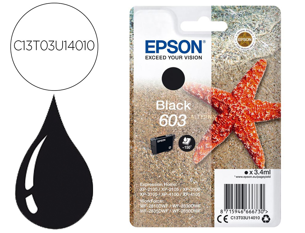 EPSON - Ink-jet 603 xp-2100 / 2105 / 3100 / 4100 / wf-2810 / 2830 / 2835 / 2850 negro 150 paginas (Ref. C13T03U14010)