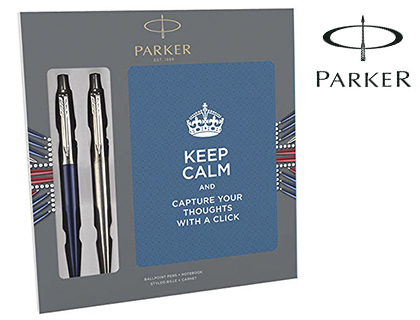 PARKER - Boligrafo jotter acero + azul + bloc expositor de 9 sets regalo (Ref. 2062782)